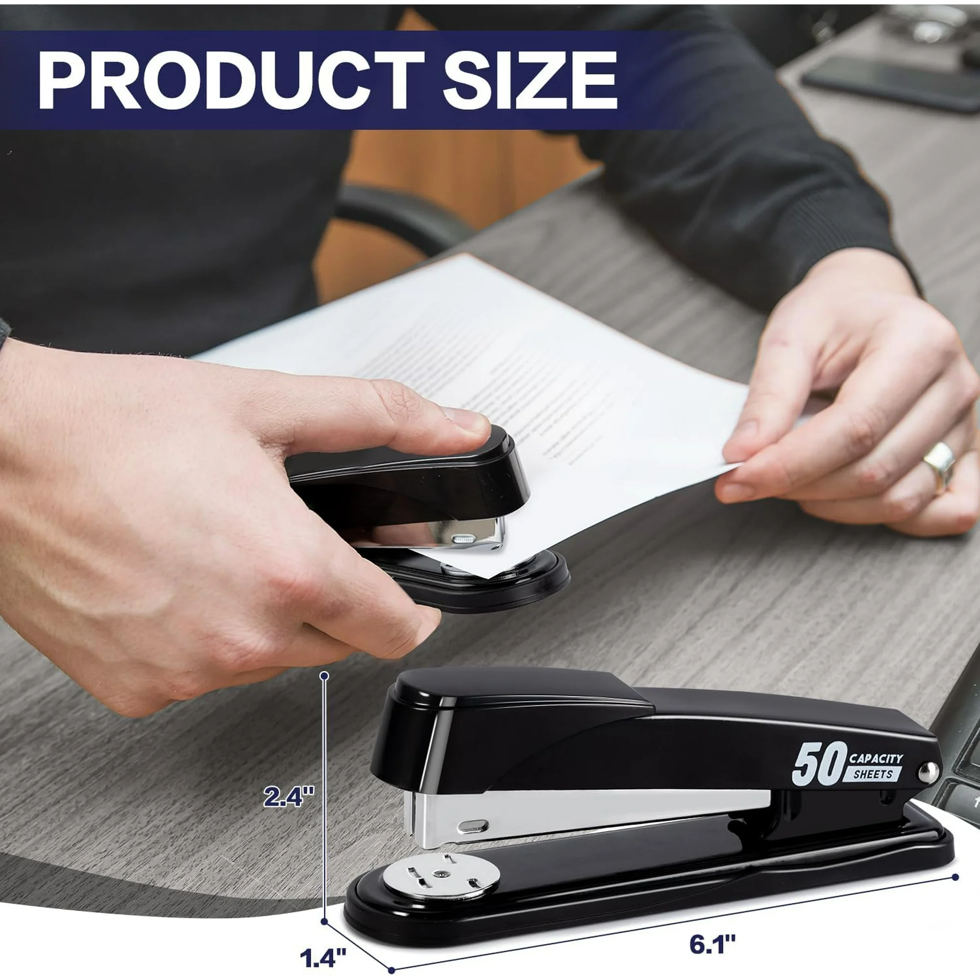 Deli Stapler Heavy Duty, 50 Sheet Capacity, Full Strip Staplers for Desk with 2000 Staples and Staple Remover, No Jam, Non-Slip Office Stapler with Staples for Office, Black